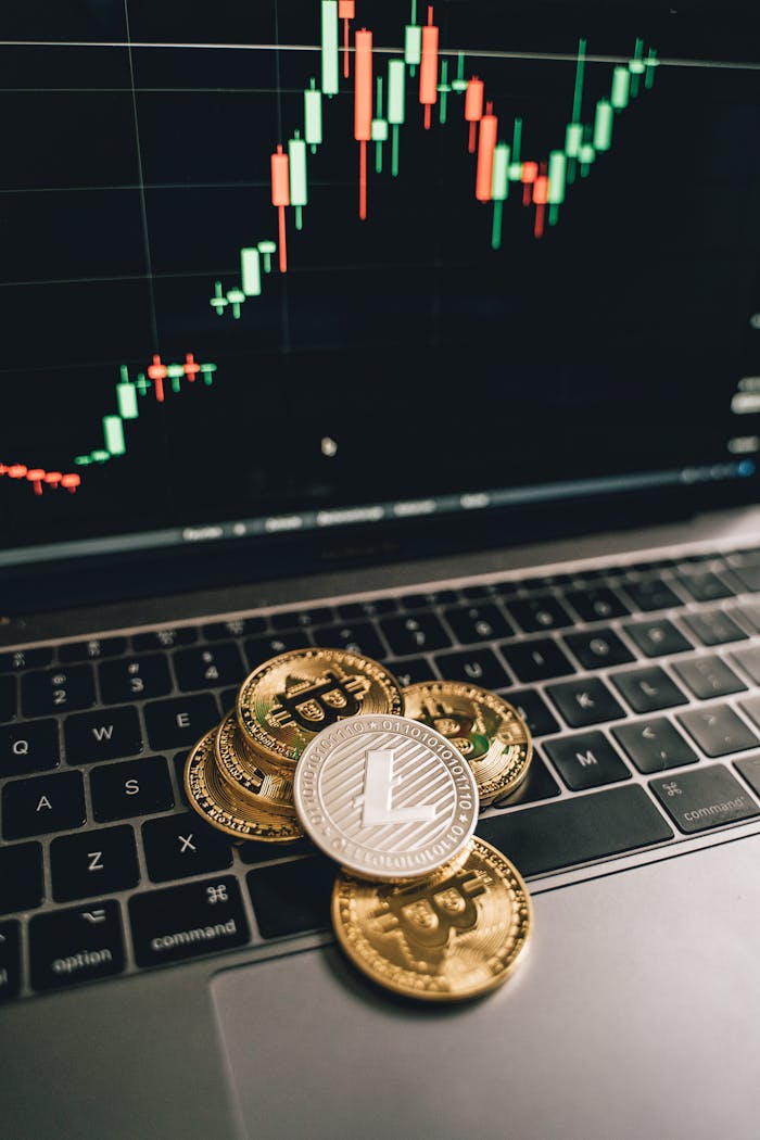 Golden Bitcoin and Litecoin coins on a laptop keyboard with a market graph in Berlin.